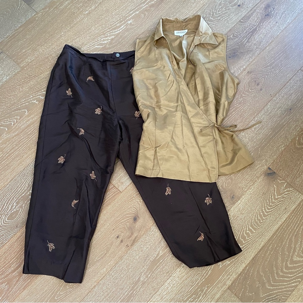 Studio 1 Silk Set Tan Polo Wrap Top With Brown Embroidered Pants Size 16